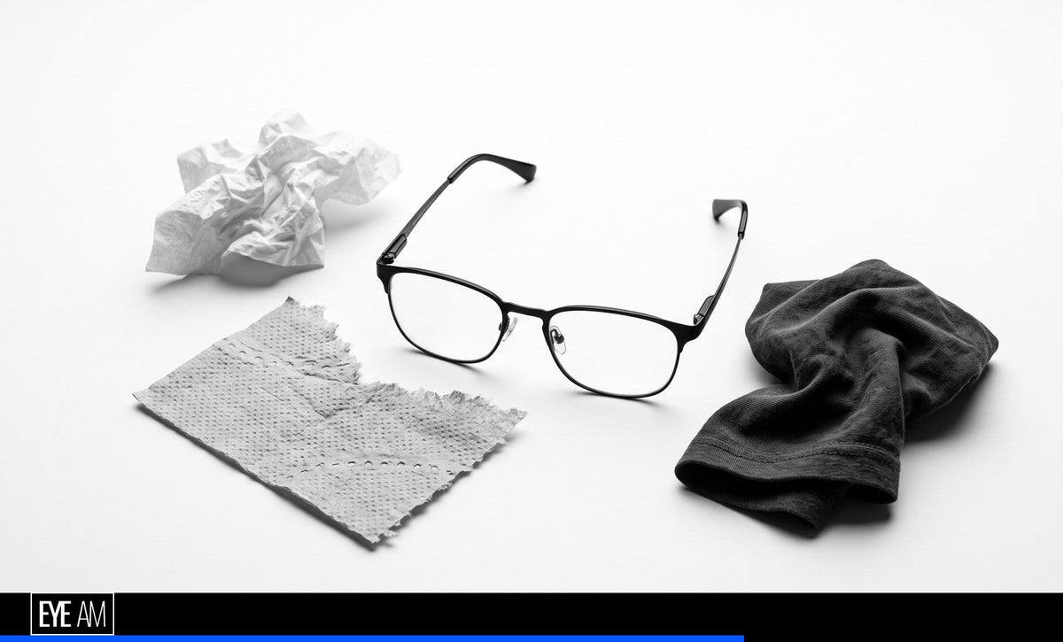 Brille zwischen Papiertaschentuch, Küchenrolle und T-Shirt-Stoff auf weißem Hintergrund