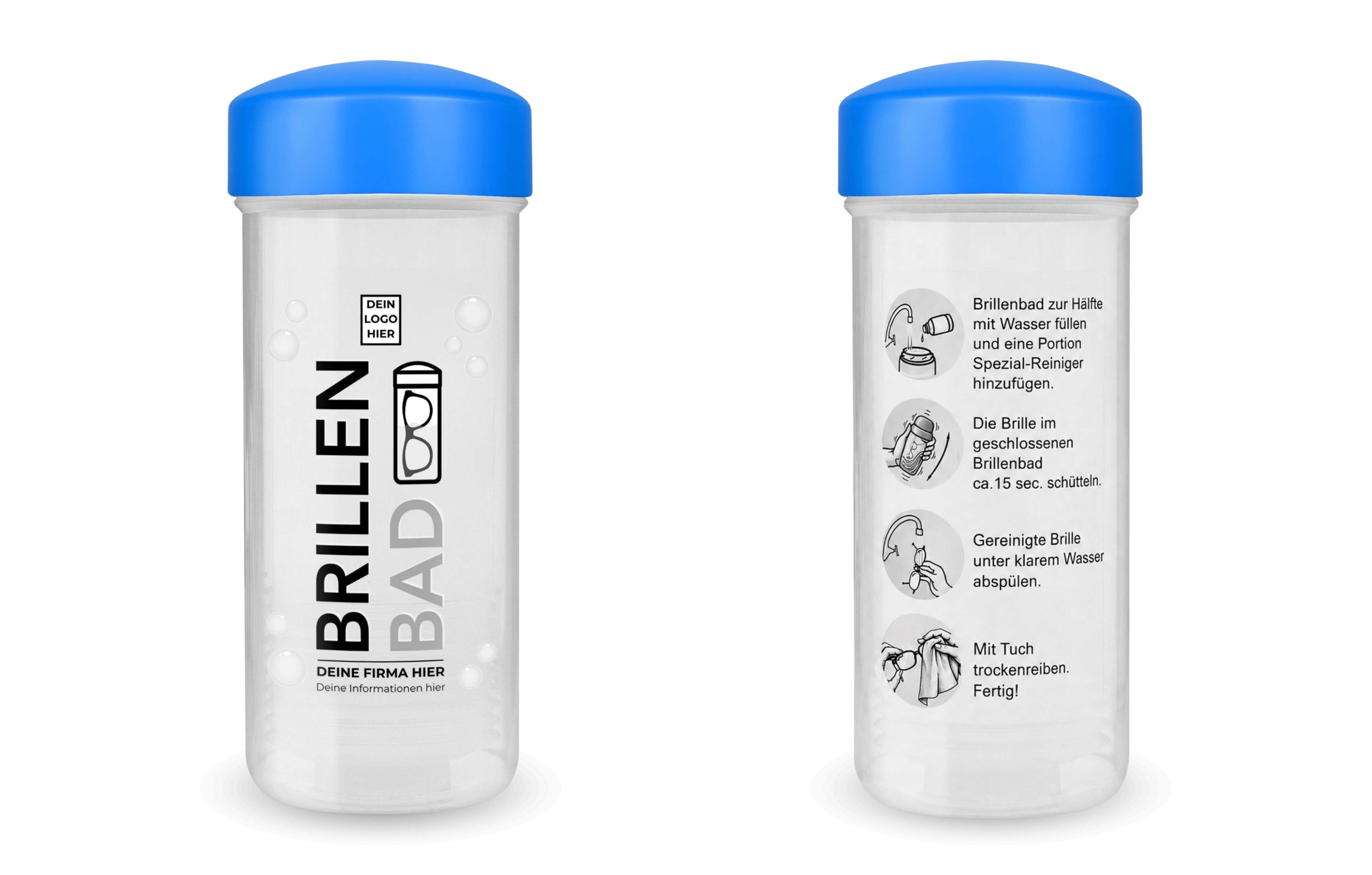 Brille wird mit einem personalisierten EyeAm Brillenbad gereinigt (Blau Set)