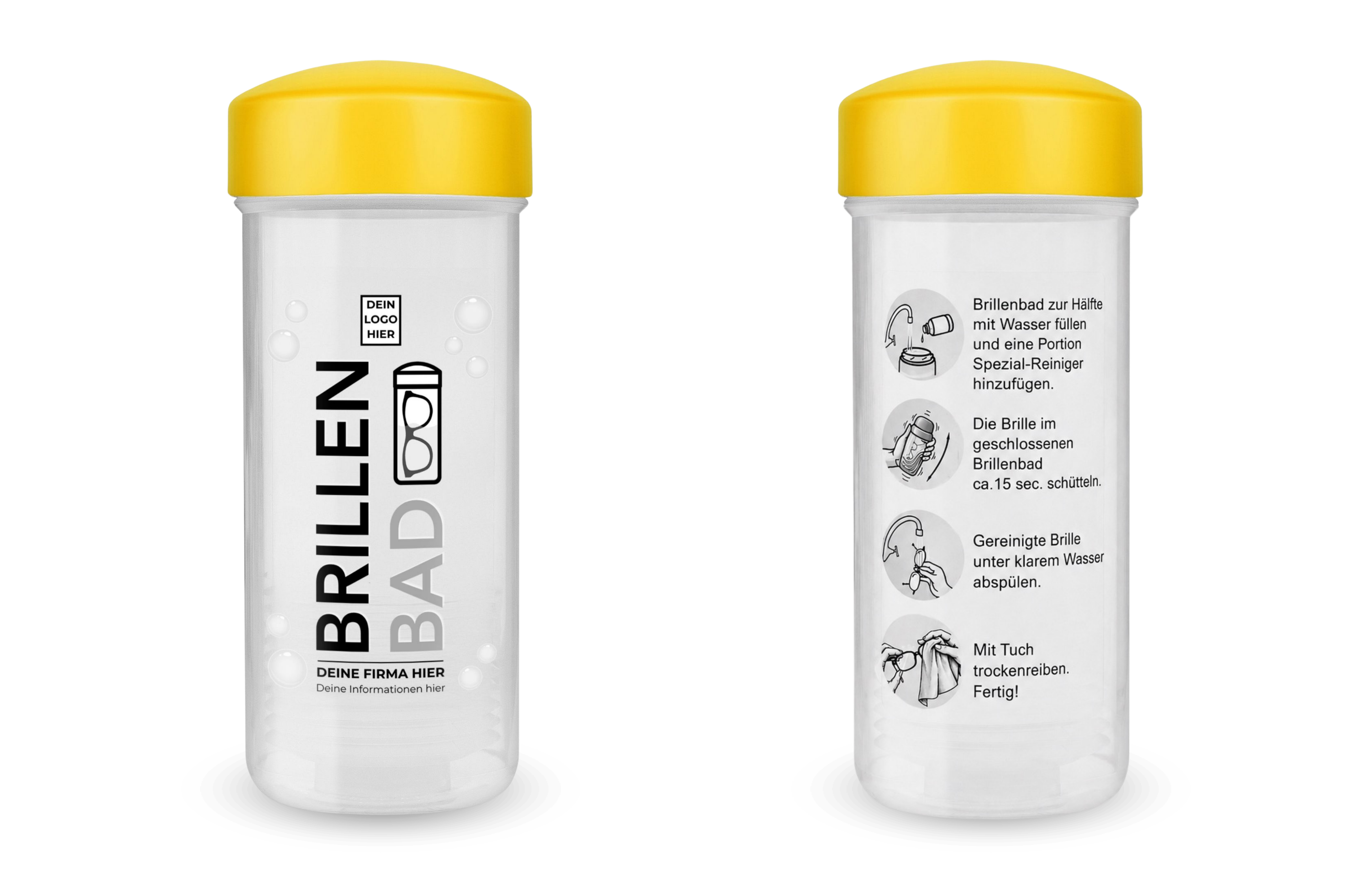 Brille wird mit einem personalisierten EyeAm Brillenbad gereinigt (Gelb Set)