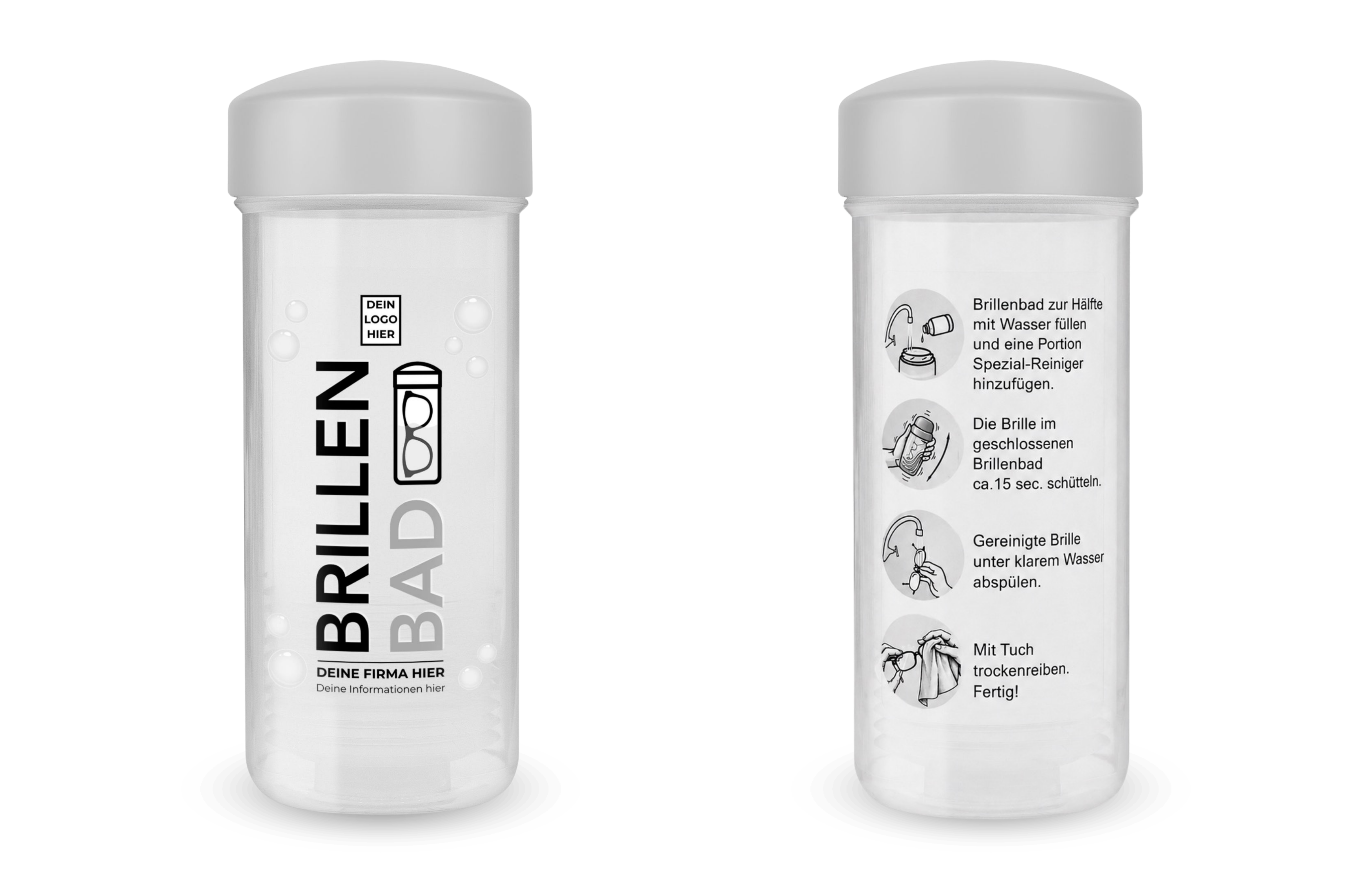 Brille wird mit einem personalisierten EyeAm Brillenbad gereinigt (Grau Set)