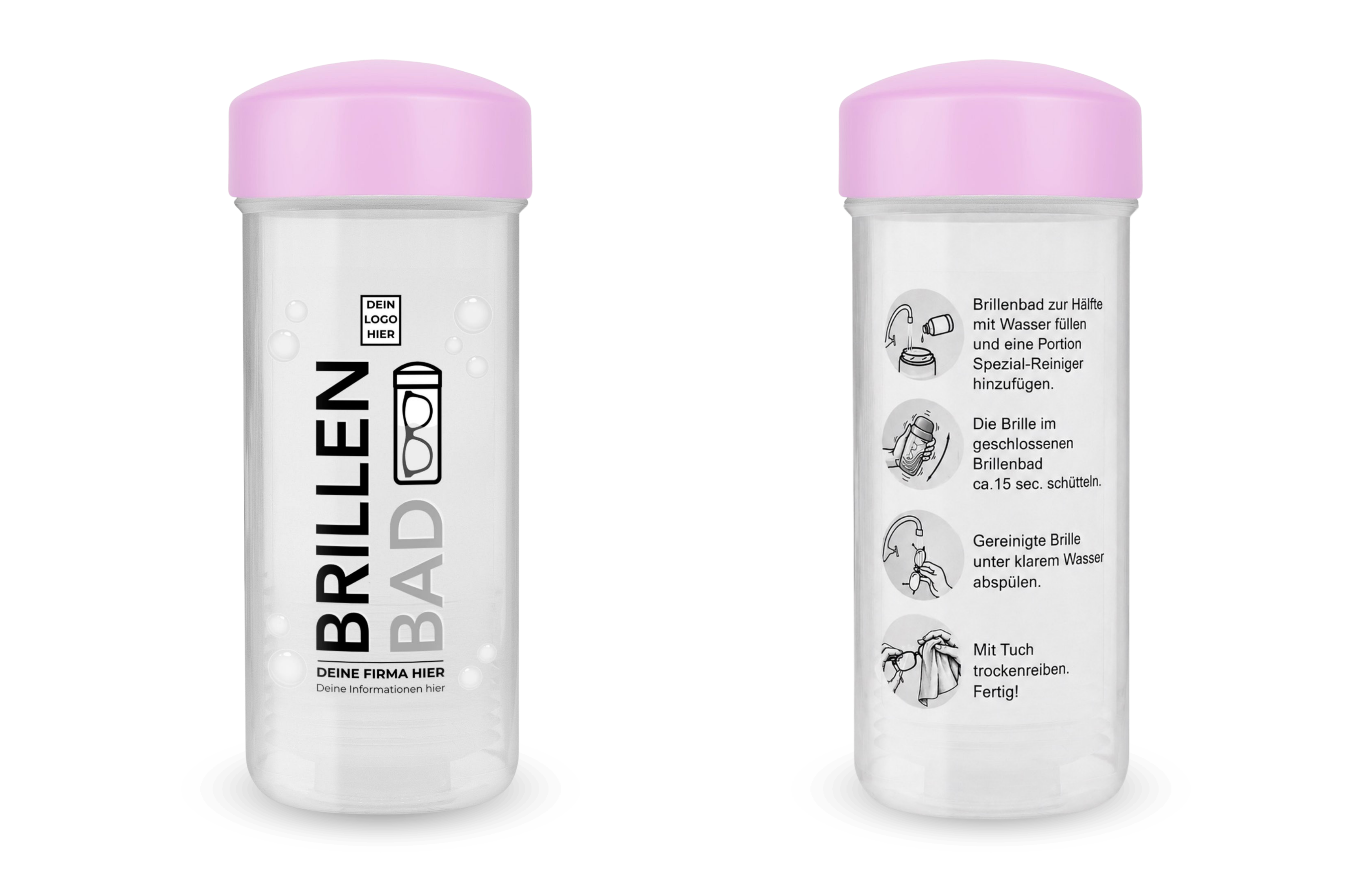 Brille wird mit einem personalisierten EyeAm Brillenbad gereinigt (Rosa Set)