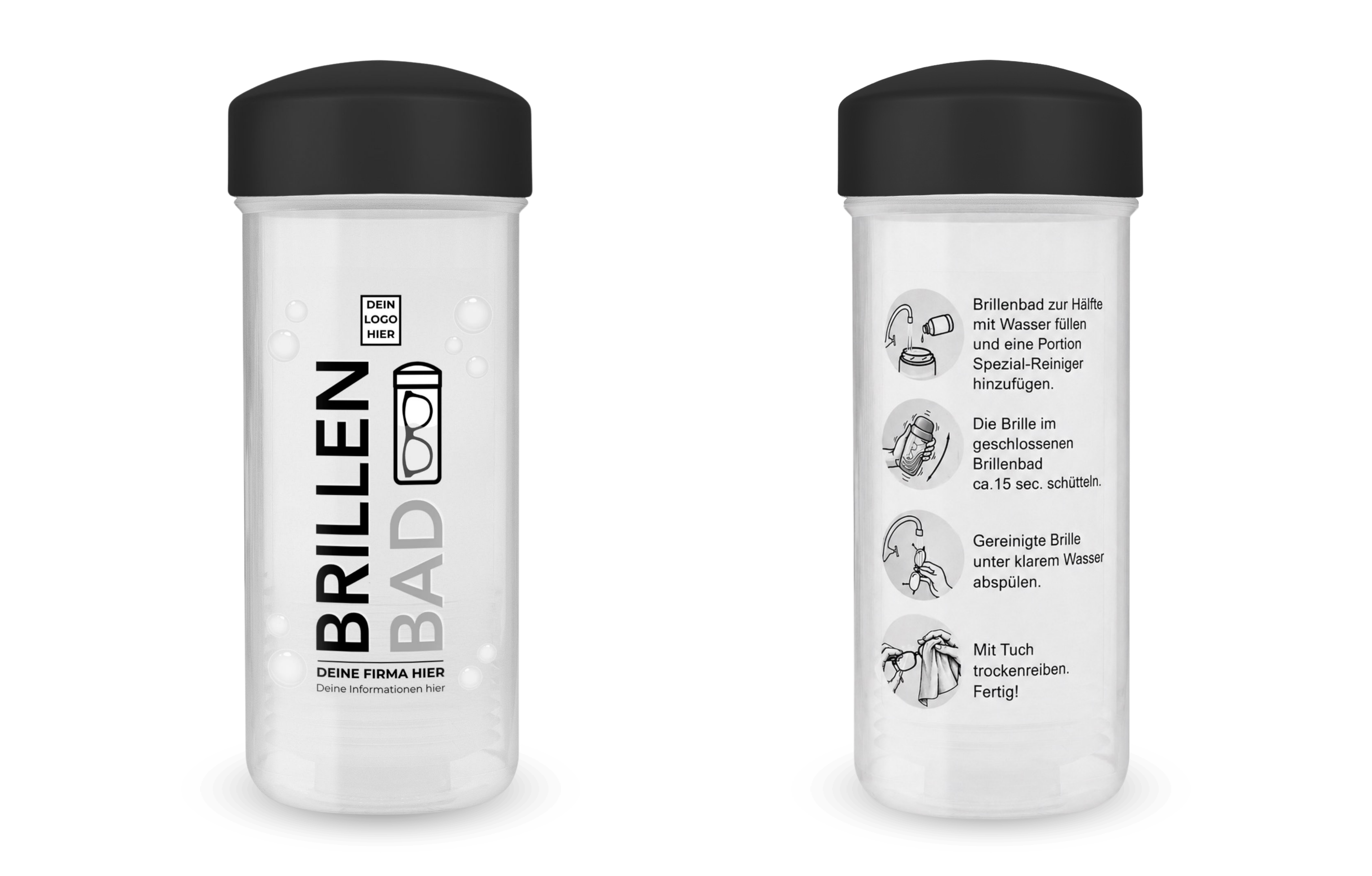 Brille wird mit einem personalisierten EyeAm Brillenbad gereinigt (Schwarz Set)